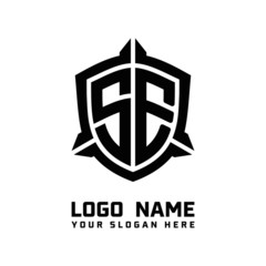 initial SE letter with shield style logo template vector. shield shape black monogram logo