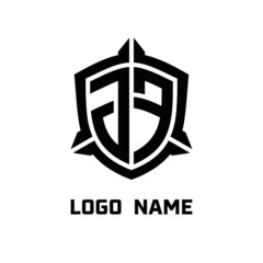 initial JF letter with shield style logo template vector. shield shape black monogram logo