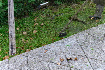 worker operating a handheld lawn mower and cutting grass