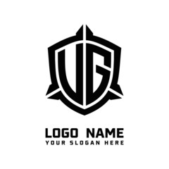 initial UG, VG letter with shield style logo template vector. shield shape black monogram logo