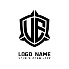 initial UE, VE letter with shield style logo template vector. shield shape black monogram logo