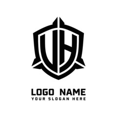 initial UH, VH letter with shield style logo template vector. shield shape black monogram logo