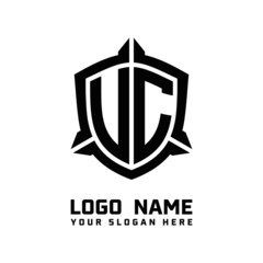 initial UC, VC letter with shield style logo template vector. shield shape black monogram logo