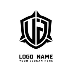 initial UJ, VJ letter with shield style logo template vector. shield shape black monogram logo