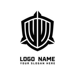initial WW letter with shield style logo template vector. shield shape black monogram logo