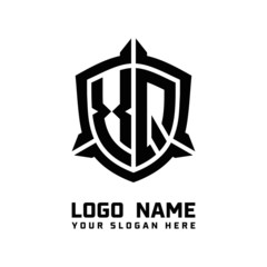 initial XQ letter with shield style logo template vector. shield shape black monogram logo