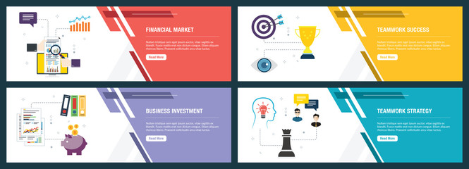 Financial market, teamwork success, business icons.