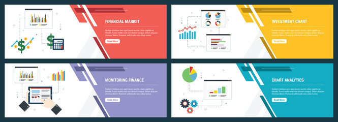 Internet banner set with financial market and investment chart icons.