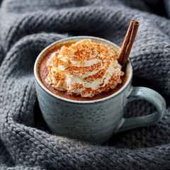 Pumpkin latte with spices. Boozy cocktail with whipped cream. Grey knitted background. Close up.