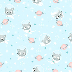 Seamless Pattern Kawaii Cute Cat Astronaut in Space, Cartoon Animals Background, Vector Illustration.  Design for kids