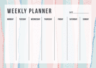 Stylish weekly planning template on striped background in pastel pink and blue colors. Modern organizer design for school and office. Vector illustration for daily target
