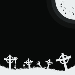 Halloween night background with skelleton, graveyard and moon light vector illustration