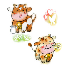 Fototapeta premium Set of red watercolor cows. Cartoon set of kawaii of happy cows with flower and milk. Handmade watercolor