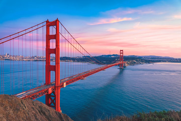 Golden Gate Bridge on sunset sky, San Francisco California