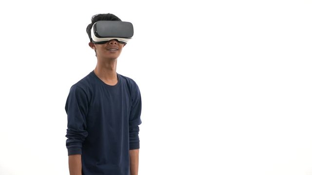 young man wearing navy shirt with glasses of virtual reality. Future technology concept