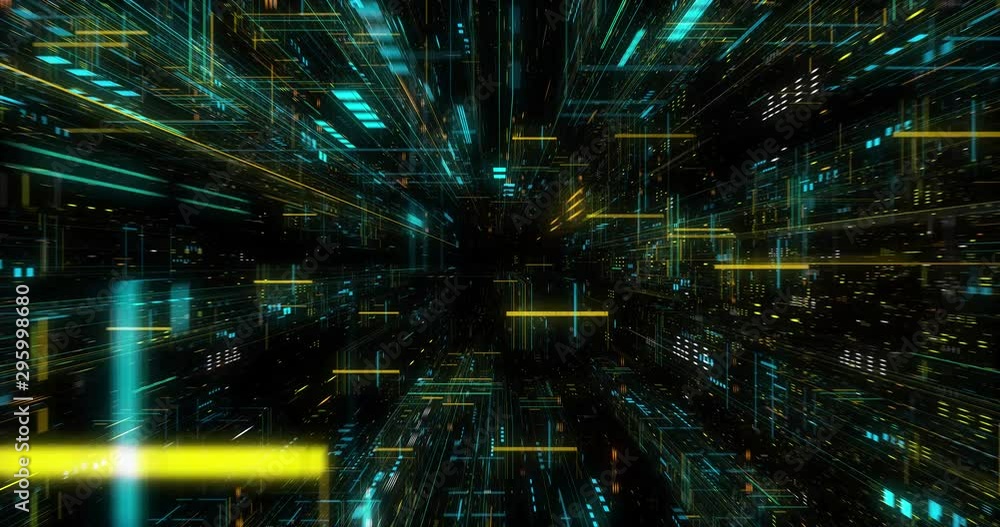 Poster seamless loop of abstract matrix hologram digital data flow. fly through time and space, warp throug