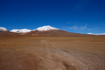 Fototapeta na wymiar Landscape of Siloli Desert. Snow-capped volcanoes and desert landscapes in the highlands of Bolivia. Andean landscapes of the Bolivia Plateau