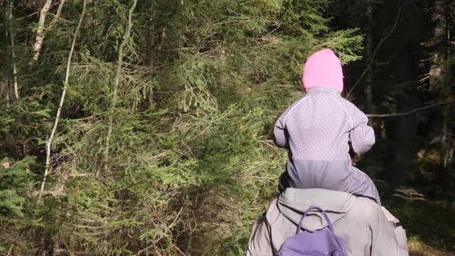 Child riding piggyback and mother's shoulders during a family hike
