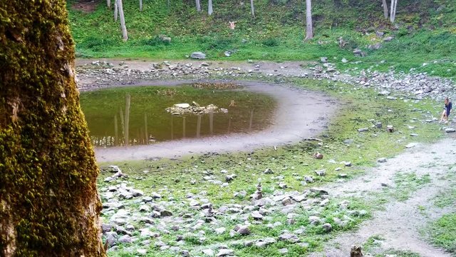 Slow reveal of a solo woman wandering at Kaali crater sight Estonia, wide shot 