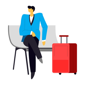 Businessman waiting for flight on bench with suitcase, isolated character