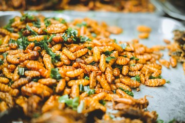 Fried silkworm pupa at Yaowarat Road at Chinatown in Bangkok, Thailand. Street food in famous.