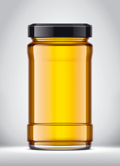 Glass Jar with Honey on Background. 