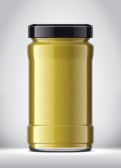 Glass Jar with Mustard on Background. 