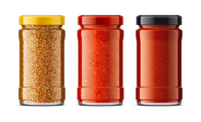 Set of Glass Jar with Sauces, Mustard. 