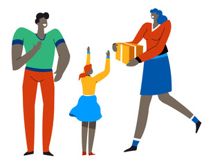 Family exchanging gifts, mother giving present to daughter