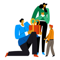 Obraz premium Family celebrating birthday of son, mom and dad with gift