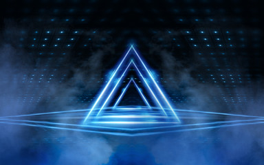 Dark empty scene, blue neon searchlight light, wet asphalt, smoke, night view, rays.	