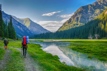 Idyllic summer landscape with hiking people in the mountains with beautiful fresh green mountain...