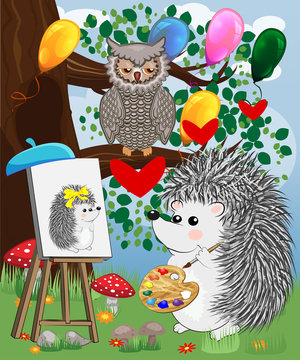 A hedgehog artist in love draws on an easel amidst a forest glade, owls are watched from a branch. Profession, vocation, hobby, art