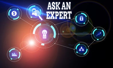 Conceptual hand writing showing Ask An Expert. Concept meaning consult someone who has skill about something or knowledgeable Woman wear work suit presenting presentation smart device