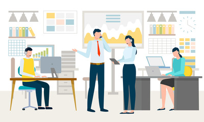 Naklejka na ściany i meble Workspace of team, boss and employee talking about problems. Modern working atmosphere, office job freelancers with laptops analyzing data. Vector illustration in flat cartoon style