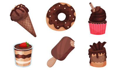 Set of various chocolate desserts. Vector illustration.