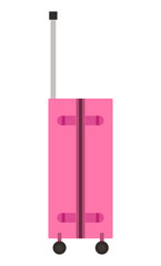 Suitcase on wheels, isolated object vector. Baggage or luggage, summer vacations abroad, journey or trip, leather bag with handle, pockets on zipper. Journey package, business travel bag. Flat cartoon