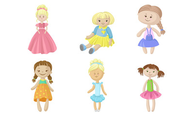 Set of rag dolls in dresses. Vector illustration.