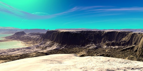 Alien Planet. Mountain and lake. 3D rendering