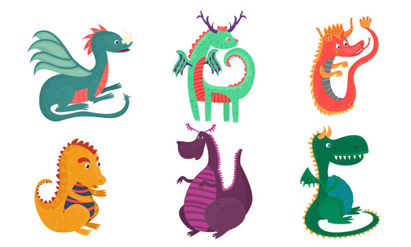 Set of cute cartoon dragons. Vector illustration.
