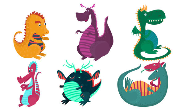 Set of cute cartoon multi colored dragons. Vector illustration.