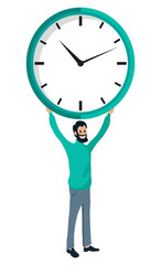 Bearded man holding big clock in hands, time is money concept. Isolated male character with big watch above head, time management and guidance of leisure. Vector illustration in flat cartoon style
