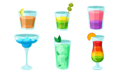 Set of multi-colored cocktails in glasses. Vector illustration.