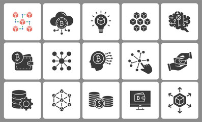 Blockchain icons set. Black vector illustrations isolated on white.