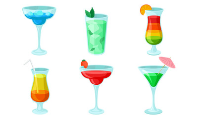 Cold colored cocktails in glasses. Vector illustration.