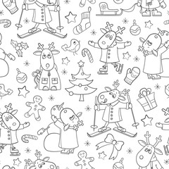 Seamless pattern for the new year and Christmas, funny cartoon moose for winter entertainment, contour  animals on a white background