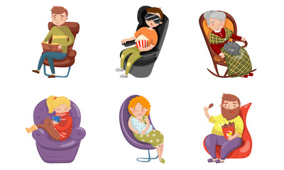 Different family members are resting at home. Vector illustration.