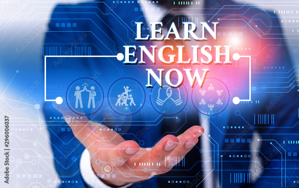 Poster writing note showing learn english now. business concept for gain or acquire knowledge and skill of 