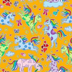 Seamless pattern with funny cartoon unicorns, hearts and stars color patches icons on an orange  background