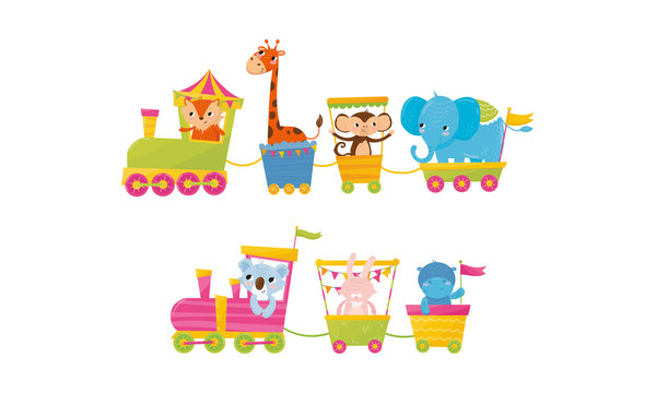Funny Cartoon Animal Ride In Train Vector Illustration